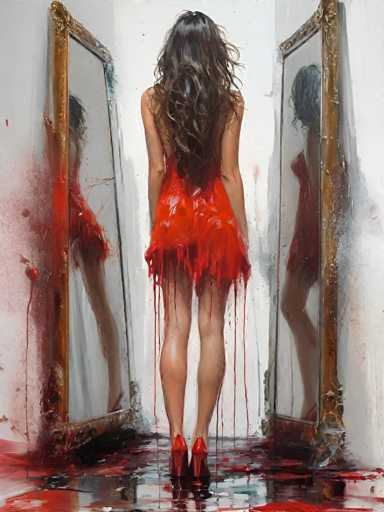 The image depicts a surreal and haunting scene of a woman standing in front of two tall, ornate mirrors with gold frames, set against a white wall. She is wearing a striking red dress that appears to be melting or dripping, with streaks of red paint cascading down her back and onto the floor. Her long, dark brown hair falls over her face, obscuring her features, and she is wearing red high heels that match her dress. The mirrors reflect her distorted image, with the left mirror showing a more fragmented and blood-splattered reflection, while the right mirror captures her form more clearly. The floor beneath her is covered in a red and black liquid, resembling blood, which seems to be seeping up the wall. The overall atmosphere is eerie and unsettling, with the melting dress and blood-like liquid creating a sense of decay and transformation.