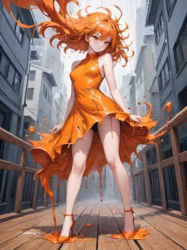 The image depicts a vibrant, anime-style illustration of a young woman with striking orange hair and bangs. She is dressed in a sleeveless, orange dress that appears to be made of a shiny, plastic-like material. The dress is form-fitting and extends to her thighs, where it dramatically flares out and drips with the same orange substance. She is wearing high-heeled orange shoes that complement her dress. The woman stands on a wooden walkway, with her legs slightly apart, and her hair flows behind her, adding to the dynamic feel of the scene. The background features tall, gray buildings on either side, creating a narrow alleyway effect, and the sky above is a muted gray, enhancing the contrast with the vivid orange of her attire.