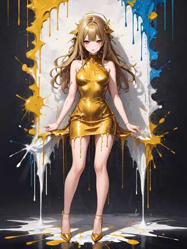 A woman with long brown hair and a gold dress is standing on a black surface covered in white paint splatters. The background features a white wall with blue and yellow paint splatters, creating an abstract art style.