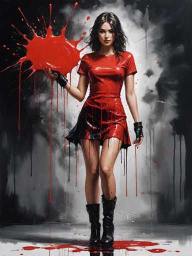 A woman dressed in a red dress with black accents stands on a gray floor, holding a large red heart that is dripping with red paint and surrounded by small droplets of the same color.