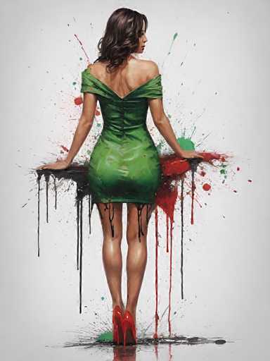 The image is a detailed painting of a woman standing with her back to the viewer, her head turned to the right. She has long, wavy brown hair that cascades down to her shoulders. She is wearing a green dress that is cut off at the shoulders, revealing her bare arms and back. The dress is form-fitting, accentuating her figure, and ends just above her knees. Her legs are bare, and she is wearing red high heels. The woman is standing on a black surface, with her hands resting on it. Surrounding her are vibrant splashes of paint in red, green, and black, with some paint dripping down the surface. The background is predominantly white, with the paint splashes creating a dynamic and artistic effect.