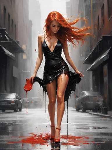 The image portrays a striking, AI-generated scene of a young woman with long, flowing red hair walking down a rain-soaked city street. She is dressed in a tight, black leather dress that accentuates her figure, paired with red high heels. The woman is holding the sides of her dress, revealing that it is soaked in blood, which also drips down her legs and pools around her feet on the wet pavement. In her right hand, she clutches a red object, possibly a piece of cloth or a bag, also stained with blood. Her eyes are cast downward, and her expression is serious, adding to the ominous atmosphere. The background features tall buildings on either side of the street, with parked cars and awnings visible, all blurred by the rain and fog. The overall color palette is dominated by shades of red, black, and gray, enhancing the eerie and dramatic mood of the scene.