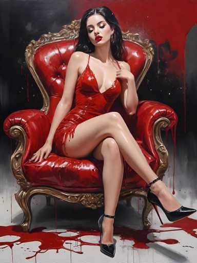 The image depicts a woman sitting on a red velvet chair with gold accents and black heels. The chair is adorned with red paint splatters, adding an artistic touch to the scene. The woman has dark hair styled in loose curls and is wearing a red dress that contrasts with her black high heels.
