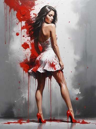 The image depicts a woman wearing a white dress with red splatters on it and high heels. The background is a gray wall with red splatters scattered across it.