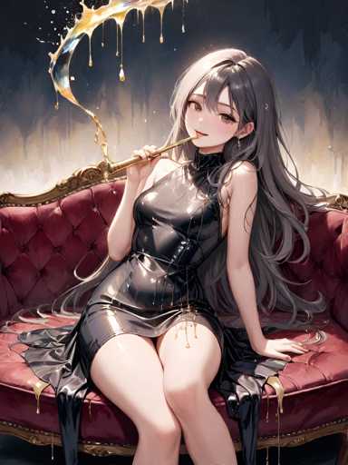 A woman with long hair is sitting on a red couch and holding an umbrella that has gold paint dripping from it. She is wearing a black dress and her hair is styled in loose waves. The background features a dark purple color with white splotches of yellow and orange.