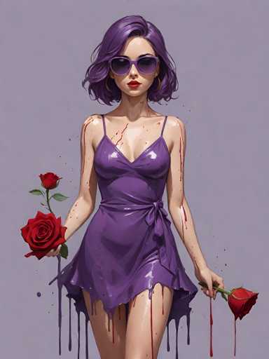 A woman with purple hair and a purple dress is holding two red roses against a purple background.