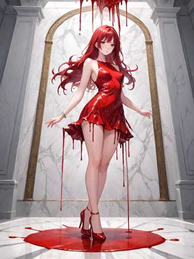 A woman with red hair and a red dress is standing on a white marble floor, surrounded by red paint splatters that appear to be falling from the ceiling. She is wearing high heels and her arms are outstretched as if she's about to dance or celebrate. The background features an archway and columns, suggesting a grand or ornate setting.