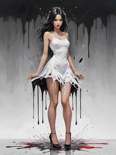 The image depicts a young woman, possibly in her late teens or early twenties, with long, dark hair that cascades down to her waist. She is wearing a white dress with thin straps and a short skirt that appears to be made of a delicate, lace-like material. The dress is adorned with black paint splatters, which also drip down her legs and onto her black high heels. She stands with her arms outstretched, holding the skirt of her dress, and gazes directly at the camera with a serious expression. The background features a gradient of gray tones, transitioning from light gray at the bottom to darker shades at the top, where black paint drips create a striking contrast. The floor beneath her is white, scattered with red and black paint splatters, adding to the artistic and somewhat chaotic atmosphere of the scene.