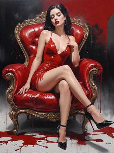 The image depicts a striking painting of a woman seated in a luxurious, red velvet chair with gold trim. The woman, who has long, dark black hair and is wearing red lipstick, is dressed in a low-cut, red dress that appears to be made of leather or plastic. She is posed with her right leg crossed over her left, her right hand resting on the chair's arm, and her left hand touching her chest. Her eyes are closed, and she is looking downward, giving her a serene yet enigmatic expression. The chair itself is ornate, with a gold frame and red velvet upholstery, and it sits on a white floor. Surrounding her, the floor is splattered with red paint, which also drips down the chair and onto the wall behind it, creating a dramatic and somewhat macabre atmosphere. The background is predominantly black, with a few white dots scattered throughout, adding to the painting's mysterious and intense mood.