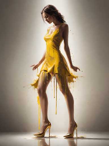 The image depicts a woman standing in a room with a white floor and a gray wall. She is wearing a sleeveless, yellow dress that appears to be made of paint, as it drips and splatters down her legs and onto the floor. The dress is short, ending just above her knees, and features a slit on the left side. She is also wearing gold high heels. The woman has long, dark brown hair that falls past her shoulders, and she is looking down towards the ground. The scene is illuminated by a light source behind her, creating a glowing effect around her figure. The overall setting suggests a surreal, artistic atmosphere, possibly a painting or a digitally altered photograph.