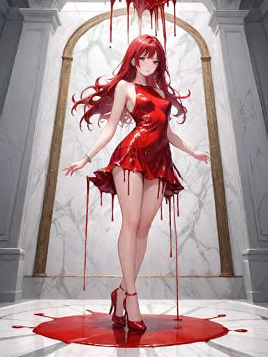 The image depicts a striking anime-style female character with long, flowing red hair. She is adorned in a short, red dress that appears to be made of a glossy, leather-like material. The dress is sleeveless and features a high slit on the side, revealing her legs. Her footwear consists of red high heels with ankle straps. The character's arms are extended outwards, and she is gazing directly at the viewer with a composed expression.

The setting is an opulent room with marble walls and floors, exuding a sense of grandeur. Behind the character, there is a large, ornate archway that adds to the room's majestic atmosphere. The floor beneath her is particularly notable, as it is covered in a pool of red liquid that resembles blood. This same red substance drips from the ceiling, creating a dramatic and somewhat unsettling ambiance. The overall scene is visually captivating and rich in detail, blending elements of elegance with a hint of dark mystery.