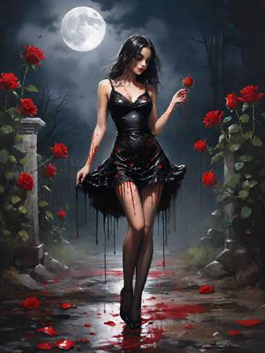 In this hauntingly beautiful digital artwork, a young woman with long, dark hair stands in the center of a foggy, eerie garden. She is dressed in a black, sleeveless dress that appears to be made of leather or plastic, with straps over her shoulders. The dress is short, ending just above her knees, and it drips with blood, which also covers her arms and hands. She holds a rose in her left hand, while her right hand grips the hem of her dress. Her legs are bare, and she wears black stockings and black high heels. The ground around her is littered with rose petals and blood, creating a stark contrast against the dark, foggy path. On either side of the path are two gray pillars adorned with climbing roses. The background features a dark, cloudy sky with a full moon casting an eerie glow over the scene. The overall atmosphere is one of gothic horror, with the woman's expression remaining neutral amidst the macabre setting.