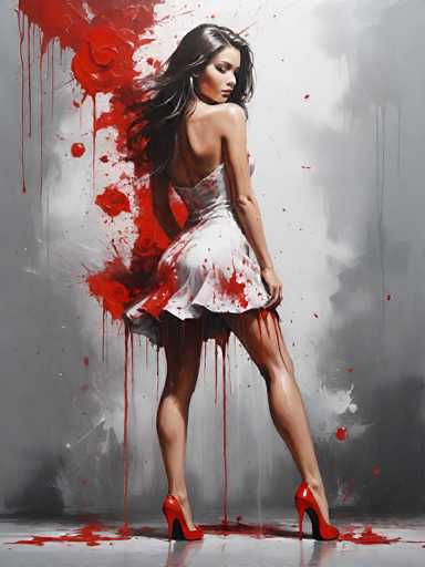 The image depicts a striking, computer-generated artwork of a woman standing with her back to the viewer, her head turned over her right shoulder. She has long, dark brown hair cascading down her back and is dressed in a short, white dress with a low back, revealing her shoulders and the upper part of her back. The dress is splattered with red paint, which also drips down her back and onto the gray floor beneath her. She is wearing red high heels, and her legs are slightly apart, with her right leg positioned forward. The background is a blend of gray and white, with the white areas appearing as if they are dripping with red paint, creating a dynamic and somewhat chaotic effect. The overall composition is vertical, emphasizing the woman's elegant yet provocative pose amidst the abstract splatters of paint.