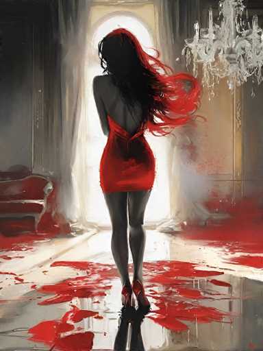 The image depicts a surreal, possibly AI-generated scene featuring a woman with long, flowing hair that transitions from black to red at the tips. She is dressed in a striking red dress with a back cutout and red high heels, standing on a reflective, wet floor. The setting appears to be a grand, ornate room with tall ceilings, large windows, and a chandelier hanging from the ceiling. The floor is covered in red paint, which seems to be dripping and spreading across the surface. In the background, there is a red couch and a white curtain, adding to the luxurious yet eerie ambiance. The woman's face is obscured, and she stands with her back to the viewer, gazing out the window, creating an air of mystery and intrigue.