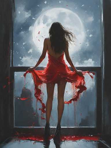 The image depicts a striking painting of a woman standing in front of a large, rectangular window, framed by dark gray walls. The window, divided by a horizontal bar, reveals a night sky filled with gray clouds and a prominent full moon. The woman, viewed from behind, has long, dark brown hair that flows to her waist, partially obscuring her back. She is dressed in a red, low-cut dress that extends to her upper thighs, with the fabric dramatically torn at the bottom, revealing streaks of red paint that cascade down to the floor. She holds the dress out with both hands, creating a dynamic and evocative pose. Her legs are bare, and she wears black high-heeled shoes. The floor beneath her is a light gray, with the red paint from her dress forming a puddle around her feet. The overall scene is both mysterious and captivating, blending elements of elegance and chaos.