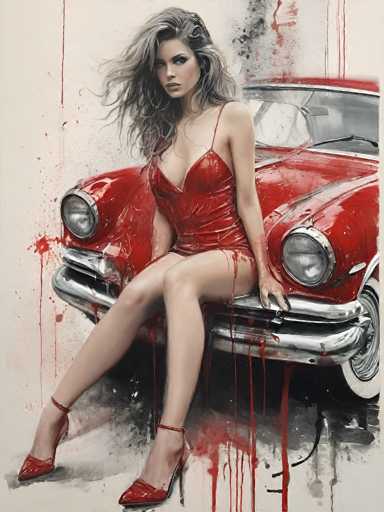 The image is a detailed painting of a woman sitting on the front bumper of a red convertible, reminiscent of a classic 1950s or 1960s sports car. The car features a sleek design with a black top, silver trim, and distinctive round headlights. The woman, who has long, wavy gray hair, is dressed in a red, low-cut dress that appears to be made of leather or satin, and she is wearing matching red high heels. Her legs are crossed, and she is looking directly at the viewer with a serious expression. The background is a light gray, and the painting is adorned with red paint splatters, particularly noticeable on the car and the woman's dress, creating a dramatic effect. The overall composition is rectangular, with the height being twice the width.