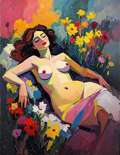 This painting depicts a topless woman with long, dark brown hair, lying on her back amidst a vibrant array of flowers. Her eyes are closed, and her head is tilted back, giving her a serene expression. She has red lips and her breasts are adorned with red heart-shaped nipples. The woman's belly button is visible, and she appears to be wearing a skirt or blanket that is pink, blue, and white, covering her lower body. Her arms are stretched out to her sides, with her hands resting on the ground. Surrounding her are flowers of various colors, including yellow, red, pink, white, and orange, with green stems and leaves. The background features a blend of pink, blue, and gray hues, creating a dreamy atmosphere. The painting style is somewhat abstract, with visible brush strokes adding texture to the scene.