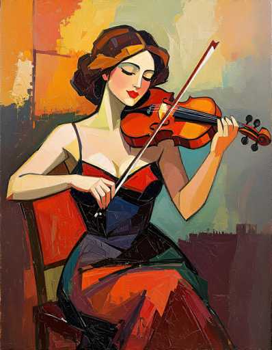 This vibrant, abstract painting depicts a woman playing a violin with intense focus and passion. The woman, who has fair skin and brown hair adorned with a yellow headband, is seated on a red chair. She is dressed in a striking black dress with a red top and a blue bottom, and her red lipstick adds a touch of elegance to her expression. Her eyes are closed, and her head is tilted slightly downward, emphasizing her deep concentration on the music. The violin, which she holds with her left hand, is a rich orange color, while the bow is white. The background is a dynamic blend of colors, including shades of orange, yellow, green, blue, and purple, creating a lively and energetic atmosphere. The painting's style is characterized by bold, thick brushstrokes, giving it a textured and almost three-dimensional quality. The overall composition captures the essence of musicality and emotion, with the woman's figure and the violin as the central focus amidst a colorful, abstract backdrop.