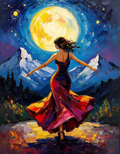 This vibrant painting captures a woman in a flowing, multicolored dress of red, pink, and yellow, dancing gracefully on a reflective surface. She stands with her back to the viewer, her arms outstretched and her hair flowing behind her, suggesting a sense of movement. The dress billows around her feet, adding to the dynamic feel of the scene. She is positioned in front of a majestic mountain range with snow-capped peaks, under a night sky illuminated by a large, radiant moon. The sky is a deep blue, dotted with stars, and the moonlight casts a shimmering glow on the water below. The painting's style is characterized by bold, visible brushstrokes, giving it a textured, almost impressionistic quality. The overall composition is rich in color and detail, creating a captivating and serene landscape.