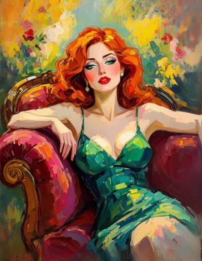 This detailed painting depicts a striking woman with long, wavy red hair cascading past her shoulders. She is seated in a luxurious, ornate chair that features a red cushion with a gold frame. The woman is adorned in a green dress with thin straps and a low neckline, accentuating her pale skin. Her makeup is bold, with bright red lipstick, blue eyeshadow, and long eyelashes, complemented by golden earrings. The background is a vibrant tapestry of colors, including shades of yellow, blue, green, and orange, with hints of flowers and abstract shapes. The overall composition is rich in detail, capturing the essence of a classic, elegant portrait.