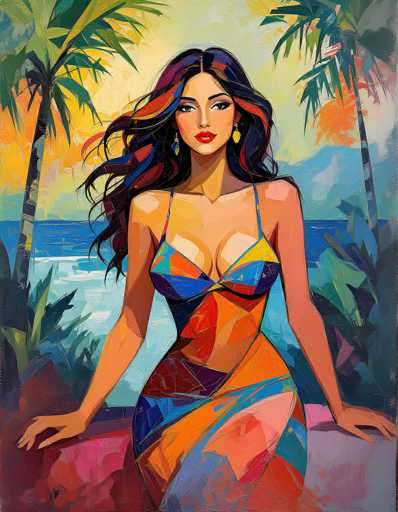 This vibrant painting depicts a young woman with long, flowing black hair adorned with streaks of red and blue. She is wearing a colorful, one-piece bathing suit that features a mix of orange, blue, and yellow hues. Her striking red lips and blue eyes add to her captivating appearance. The woman is seated on a pink and gray rock, with her hands resting on either side of her. Behind her, two palm trees frame the scene, and the background showcases a serene blue ocean with white waves. The sky above is a blend of yellow and blue, suggesting a beautiful sunset. The overall composition is rich in color and detail, creating a lively and tropical atmosphere.