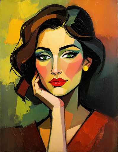 This image is a detailed painting of a woman with a distinctly stylized, almost cubist appearance. She has striking green eyes and red lips, with her face painted in a mix of yellow, green, and orange hues. Her hair is a blend of brown and black, styled in a way that it appears to be pulled back, with some strands falling over her right shoulder. She is adorned with a yellow earring in her left ear. The woman is wearing a red top, and her right hand is raised to her face, with her thumb and index finger touching her cheek, while the rest of her fingers are curled back. The background is a vibrant mix of colors, including shades of green, yellow, orange, red, and blue, creating a dynamic and colorful setting. The overall composition is vertical, with the woman's face and upper body prominently featured in the center of the image.