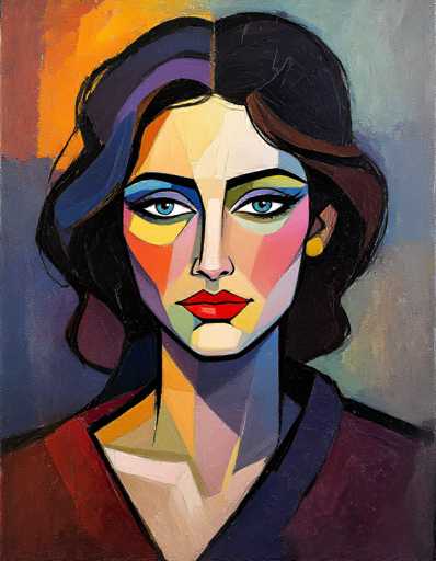 This image is a vibrant, abstract painting of a woman, likely created in the style of Picasso. The woman, who appears to be white, has a face composed of various geometric shapes, including triangles, squares, and rectangles. Her striking blue eyes are accentuated by blue eyeshadow, and her lips are painted a vivid red. Her hair is predominantly black, with sections of purple and blue, and it is styled in a way that it falls to the left side of her face. She wears a red shirt with a blue collar, and a yellow earring is visible in her left ear. The background is a blend of colors, featuring shades of blue, yellow, orange, and purple, creating a dynamic and colorful setting that complements the woman's bold appearance.