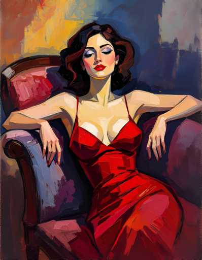 This painting depicts a woman with long, wavy brown hair, seated in a plush, red velvet chair. She is wearing a striking red dress with thin straps and a deep neckline that accentuates her cleavage. Her makeup is bold, featuring bright red lipstick, blue eyeshadow, and black eyeliner, with her eyes closed and head slightly tilted back. The background is a vibrant mix of colors, including shades of blue, yellow, orange, and purple, creating a dynamic and somewhat abstract setting. The woman's arms are draped over the chair's arms, and her red-painted fingernails add a touch of elegance to her poised and serene demeanor.