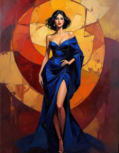 The image portrays a striking painting of a woman with dark, wavy hair that cascades to her shoulders. She is adorned in a strapless, blue dress that features a high slit on the left side, revealing her leg. The dress, which appears to be made of a shiny material, drapes elegantly around her, with one side flowing down to her feet and the other side held up by her left hand. Her right hand rests gracefully on her hip. She wears black high-heeled shoes and red lipstick, complementing her pale skin. The background is a vibrant mix of colors, including shades of red, orange, yellow, and brown, with a prominent circular pattern that adds depth to the composition. The woman gazes directly at the viewer, exuding confidence and poise.