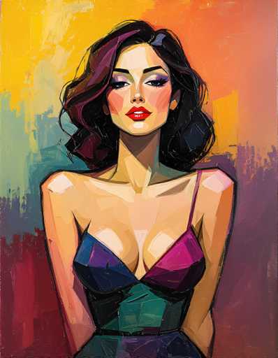 This vibrant painting depicts a woman with long, wavy black hair that has hints of purple, especially on the left side. She is adorned in a striking dress featuring a single strap on her left shoulder, while her right shoulder remains bare. The dress itself is a kaleidoscope of colors, with the left side displaying shades of blue and purple, and the right side showcasing pink and purple hues. The midsection of the dress is a deep green, transitioning to a dark blue at the bottom. Her skin is painted in a light tan, and she wears bold red lipstick that accentuates her slightly open mouth, revealing her top teeth. Her eyes are framed by long black eyelashes and purple eyeshadow, with her eyebrows painted black. The background is a dynamic blend of colors, starting with yellow at the top left, transitioning to orange, then green, and finally a mix of purple and red at the bottom. The painting style is characterized by thick, textured brushstrokes, giving it a rich, tactile quality.