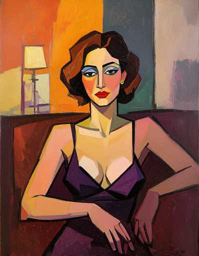 The image is a detailed painting of a woman with short, wavy brown hair, seated on a dark brown couch. She is wearing a purple dress with thin straps and a plunging neckline that reveals her cleavage. Her makeup is striking, featuring blue eyeshadow, black eyebrows, and red lipstick. She has a gold earring in her left ear. The woman's right arm is resting on the couch, while her left arm is draped over the back of the couch, with her hand near her right elbow. The background is a vibrant mix of colors, including orange, yellow, blue, and green, with a lamp positioned in the upper left corner. The overall style of the painting is somewhat abstract, with bold colors and a focus on the woman's face and upper body.