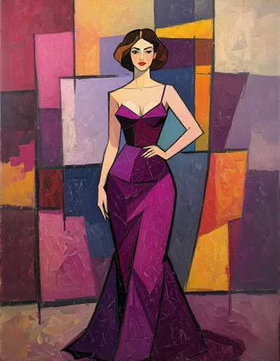 The image is a detailed painting of a woman standing confidently in the center, wearing a form-fitting purple dress with a black corset-like top. The dress features a single thin strap over her left shoulder and a low-cut neckline that reveals her cleavage. Her right arm hangs straight down by her side, while her left arm is bent at the elbow with her hand resting on her hip. She has short brown hair that falls just below her ears, and her face is adorned with red lipstick and blue eyes. The background is a vibrant mosaic of geometric shapes in various colors, including shades of purple, pink, yellow, orange, blue, and red. The painting style is characterized by visible brush strokes and a textured surface, adding depth to the overall composition.