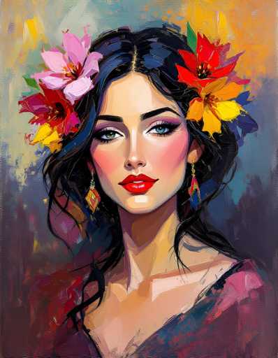 This is a detailed painting of a woman with long, dark black hair adorned with a vibrant array of flowers. Her hair is parted in the middle, and the flowers—pink, red, yellow, and orange—frame her face, cascading down to her shoulders. She has striking green eyes, accentuated by black eyeliner and mascara, and her lips are painted a vivid red. Her cheeks are blushed, adding a touch of warmth to her complexion. She wears dangling earrings that are a mix of red, yellow, and blue, and a pink dress that complements her floral hairpiece. The background is a blend of colors, with shades of blue, yellow, and orange, creating a harmonious yet dynamic setting. The painting captures her from the chest up, with her head slightly tilted to the left, and she gazes directly at the viewer, exuding a sense of confidence and elegance.