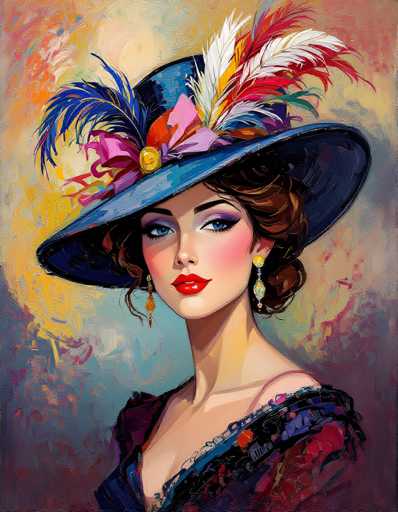 This detailed painting depicts a woman with fair skin, blue eyes, and red lips, adorned with pink blush on her cheeks. She has brown hair styled in a bun, with some strands framing her face. She wears a large, ornate blue hat adorned with a variety of colorful feathers, including blue, red, white, and yellow ones, as well as a pink ribbon. Her earrings are long and dangling, featuring yellow and blue gemstones. The woman is dressed in a dark blue dress with intricate patterns in shades of red, blue, and yellow. The background is a vibrant mix of colors, including yellow, blue, pink, and purple, creating a dynamic and lively setting. The painting style is rich and detailed, capturing the essence of a bygone era with its elaborate attire and vivid palette.
