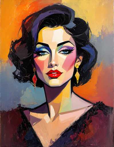 This image is a detailed painting of a woman with short, curly black hair that has hints of blue and purple. She has striking blue eyes and wears bright red lipstick. Her face is adorned with blue eyeshadow on her right eye and purple on her left, complemented by black eyeliner. She is dressed in a dark red or burgundy dress with a V-neck, and she wears dangling earrings that are gold on the right and red on the left. The background is a vibrant mix of colors, including shades of orange, yellow, blue, and purple, creating a dynamic and colorful setting. The woman's expression is neutral, and she gazes directly at the viewer, giving the painting a bold and captivating presence.