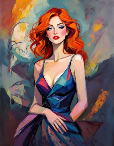 This image is a detailed painting of a woman with striking red hair, which cascades down to her shoulders and features a slight curl. She has a fair complexion, accentuated by blue eyeshadow, red lipstick, and pink blush on her cheeks. The woman is dressed in a blue dress with thin straps and a deep neckline, revealing some cleavage. Her left arm is positioned behind her back, while her right arm rests on her lap, with her hand placed over her dress. The background is a vibrant mix of colors, including shades of blue, yellow, orange, and purple, creating a dynamic and colorful setting that contrasts with her attire.