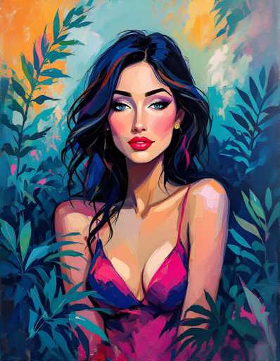 This vibrant painting features a striking woman with long, wavy black hair that cascades down to her chest. Her hair is adorned with subtle streaks of blue, purple, and pink, adding a touch of whimsy to her appearance. She has a tanned complexion, accentuated by her bold red lipstick and the pink blush on her cheeks. Her eyes are a captivating blue, framed by long black eyelashes and black eyebrows. She is dressed in a pink dress with thin straps, and the dress is detailed with blue accents at the top. The woman is positioned centrally in the image, with her chest and face prominently displayed. Surrounding her are lush green plants, with some leaves tinged with blue, creating a harmonious blend of colors. The background is a mix of blue and orange hues, with the orange concentrated in the top left corner, adding depth and warmth to the overall composition.