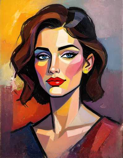 The image depicts an abstract portrait of a woman with brown hair and blue eyes wearing a red dress against a purple background. The painting style is loose and sketchy, with bold colors and lines that create a sense of movement and energy.