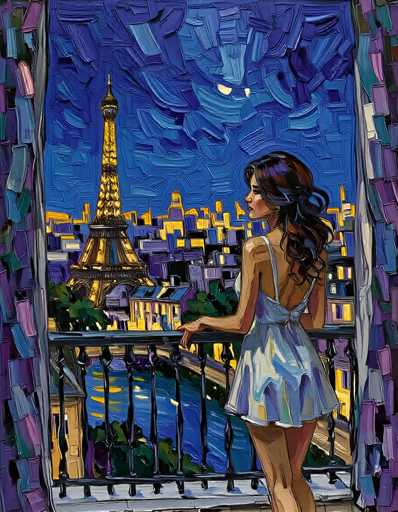 This painting, reminiscent of Van Gogh's style, depicts a woman standing on a balcony overlooking the illuminated Eiffel Tower in Paris. The woman, with long, dark brown hair cascading down her back, is dressed in a white nightgown with thin straps. She stands with her back to the viewer, gazing out at the cityscape. The sky above is a deep blue, transitioning to lighter shades near the horizon, with two yellow dots that could be stars or the moon. The city below is bathed in a warm yellow glow, with buildings and trees adding to the scene's depth. The balcony features a black railing, and the edges of the painting are framed with a mosaic of colors, including purples, blues, and pinks, creating a vibrant border. The overall effect is a captivating blend of impressionistic technique and rich, contrasting hues.