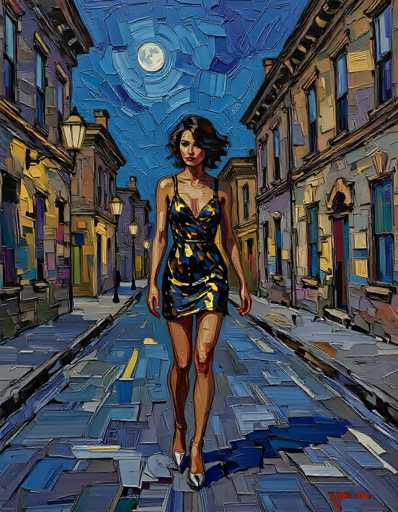 This vibrant painting depicts a woman walking down a cobblestone street at night, framed by two-story buildings on either side. The woman, with short black hair, is elegantly dressed in a sleeveless, low-cut blue dress adorned with gold and yellow accents, and she wears white high heels. The cobblestone street is a mosaic of blues, grays, and whites, with a yellow line running down the middle. The buildings, painted in shades of brown, blue, and gray, feature numerous windows and doors, with some illuminated by streetlights. The night sky above is a deep blue, highlighted by a full moon casting a soft glow over the scene. The painting's style is characterized by bold, thick brushstrokes, giving it a textured and dynamic feel.
