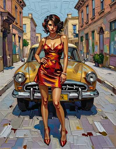 A woman dressed in an orange dress stands next to a yellow car on a cobblestone street. The woman is positioned with her left hand resting on the hood of the car and her right hand placed on her hip.