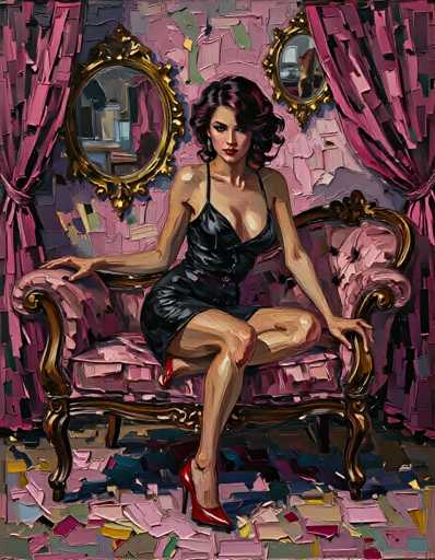The image is a detailed painting of a woman seated on a pink velvet chair with a wooden frame. She is wearing a black leather dress that is low-cut, revealing her cleavage, and paired with red high heels. Her dark, curly hair cascades around her shoulders, and she has red lipstick on her lips. The woman is looking directly at the viewer with a serious expression. Behind her, the wall is pink with two gold-framed mirrors, and there are pink curtains on either side. The floor beneath her is a mix of pink, blue, and green hues, adding to the vibrant and somewhat abstract feel of the painting. The overall composition is rich in detail, with a focus on the woman's striking appearance and the luxurious setting.
