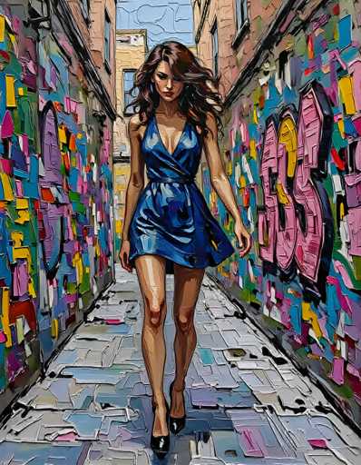 The image depicts a vibrant, artistic scene of a woman walking down a narrow alleyway. She is wearing a form-fitting, shiny blue dress that accentuates her figure, paired with black high heels. Her long, dark brown hair flows gently in the breeze, and she has a serious expression on her face. The alleyway is flanked by tall buildings adorned with colorful graffiti in shades of pink, blue, yellow, and green. The ground beneath her is a mosaic of broken tiles in various hues, adding to the artistic and somewhat surreal atmosphere of the scene. The overall composition suggests a blend of photography and digital artistry, creating a visually striking and detailed portrayal.