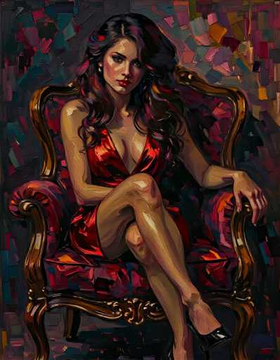 This painting depicts a woman seated in a chair, exuding an air of elegance and mystery. She is adorned in a striking red dress that accentuates her cleavage, and her long, wavy black hair cascades down to her shoulders, with a subtle hint of red at the tips. Her dark eyes and red lips add to her captivating presence. The woman's right leg is crossed over her left, with her right foot resting on the chair's cushion. She wears black high heels, adding to her sophisticated appearance. The chair she sits on is a deep red color, with a wooden frame that features intricate gold accents, particularly noticeable at the bottom. The background is a vibrant mix of colors, including shades of red, blue, green, yellow, and purple, creating a dynamic and somewhat chaotic backdrop that contrasts with the serene figure of the woman.