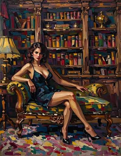 The image depicts a detailed painting of a woman seated in a luxurious, ornate chair. The chair features a gold frame with intricate designs and is upholstered in a vibrant, multicolored fabric that includes shades of yellow, blue, red, and green. The woman is dressed in a dark blue, low-cut dress with thin straps, and she wears black high heels. Her long, dark brown hair cascades down, and she has a serious expression on her face. Her right arm rests on the armrest of the chair, while her left arm is draped over the back of the chair. 

To the left of the woman, there is a small table with a gold lamp that has a white lampshade. Behind her, a large bookshelf filled with books in various colors stands prominently. The bookshelf has multiple shelves, and on the top right shelf, there is a gold vase. The floor beneath the chair is covered with a multicolored carpet that features shades of pink, yellow, blue, and green. The overall scene is richly detailed, with a mix of colors and textures that create a visually striking composition.