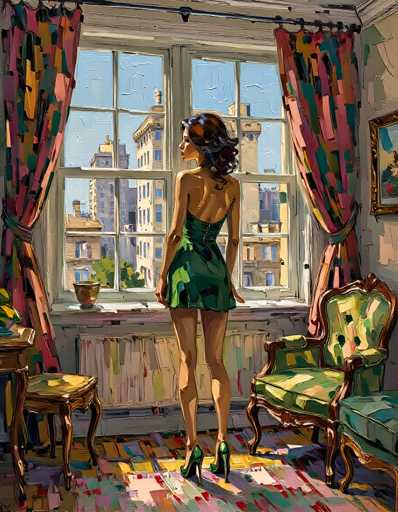 The image depicts a detailed painting of a woman standing in the center of a room, gazing out of a large, rectangular window. She is wearing a green dress with a back cutout and green high heels. Her long, dark brown hair cascades down her shoulders. The room features a multicolored carpet with shades of pink, yellow, blue, and green, and a multicolored curtain with hues of pink, blue, green, and yellow hangs on the left side of the window. To the right of the woman, there is a green chair with a wooden frame, and a small table with a yellow cushion is positioned to her left. The window reveals a view of tall buildings outside, suggesting an urban setting. The overall style of the painting is realistic, capturing the intricate details of the scene.