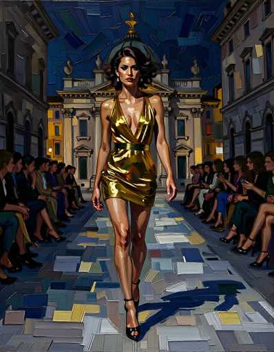 The image depicts a vibrant, cartoon-like painting of a fashion show set in an outdoor city square. At the center, a woman with dark brown hair walks confidently down a runway, her dress shimmering in gold and silver hues. The dress, which is sleeveless with thin straps, features a plunging neckline that reveals a significant portion of her chest and a high slit that extends up to her thigh, accentuating her long legs. She completes her look with black high heels. The runway itself is a mosaic of various colored rectangles, including shades of blue, gray, yellow, and white. On either side of the runway, rows of people are seated, attentively watching the fashion display. In the background, a grand, ornate building with a dome and statues crowns the scene, adding to the urban sophistication of the setting.