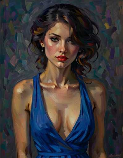 The image depicts an oil painting of a woman wearing a blue dress with a plunging neckline and red lipstick. The background is a dark purple color with abstract shapes and lines that create a sense of depth and complexity.