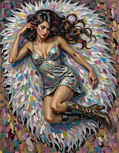 The image depicts a woman with long brown hair and dark skin lying on her back with her legs crossed over each other. She is wearing a silver dress that has white feathers attached to it, giving the impression of wings. The background features a mosaic pattern in shades of pink, blue, green, and purple.