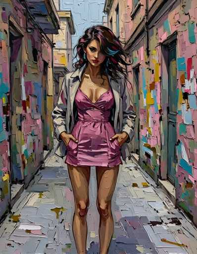 This vibrant painting depicts a young woman standing confidently in the middle of a narrow alleyway. She is dressed in a striking pink dress that accentuates her figure, paired with a gray jacket. Her hands are casually tucked into her pockets, and she gazes directly at the viewer with a composed expression. Her long, dark hair cascades down, with a subtle blue tint on the right side, adding a touch of uniqueness to her appearance.

The alleyway is flanked by buildings on both sides, their facades adorned with a kaleidoscope of colors—pink, blue, yellow, and green. These hues create a lively and dynamic backdrop, enhancing the overall energy of the scene. The ground beneath her feet is a muted gray, providing a stark contrast to the vivid colors surrounding her.

The painting's style is characterized by bold brushstrokes, giving it a textured and almost three-dimensional quality. The artist's technique adds depth and movement to the piece, making it feel alive and contemporary. The woman's attire, particularly the pink dress, stands out as a focal point, drawing the viewer's eye and emphasizing her presence in the composition.
